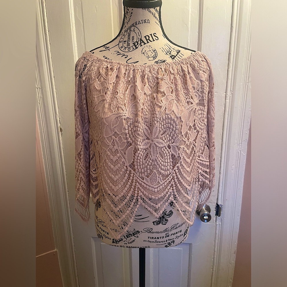 It Girl - Light Pink Crocheted/Lace Cropped Top in Size Medium